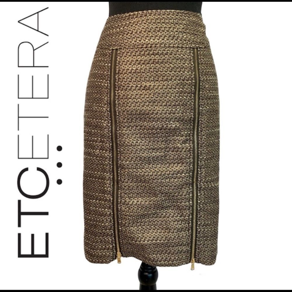 ETCETERA GOLD BRONZE METALLIC PENCIL SKIRT WOOL BLEND EXPOSED ZIPPERS SIZE 8